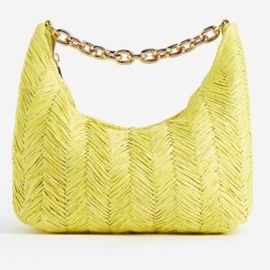H&M Woven Straw Shoulder Bag with Chunky Gold Chain In Bright Green-Yellow